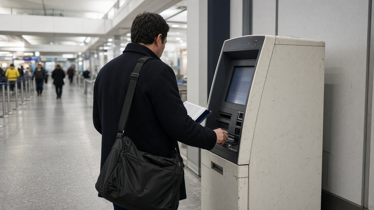 Traveler using an overseas ATM in a bright airport concourse, shoulder bag and boarding pass folder, diffuse terminal lighting, no logos or readable text on screens