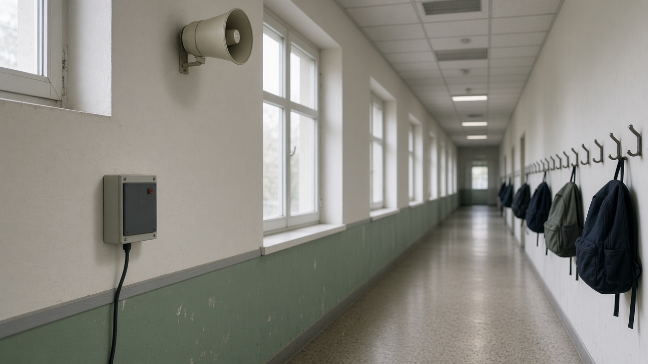 Elementary school corridor with a small wall-mounted seismic sensor box and ceiling PA horn, backpacks on hooks, muted daylight from windows, no logos or readable text.