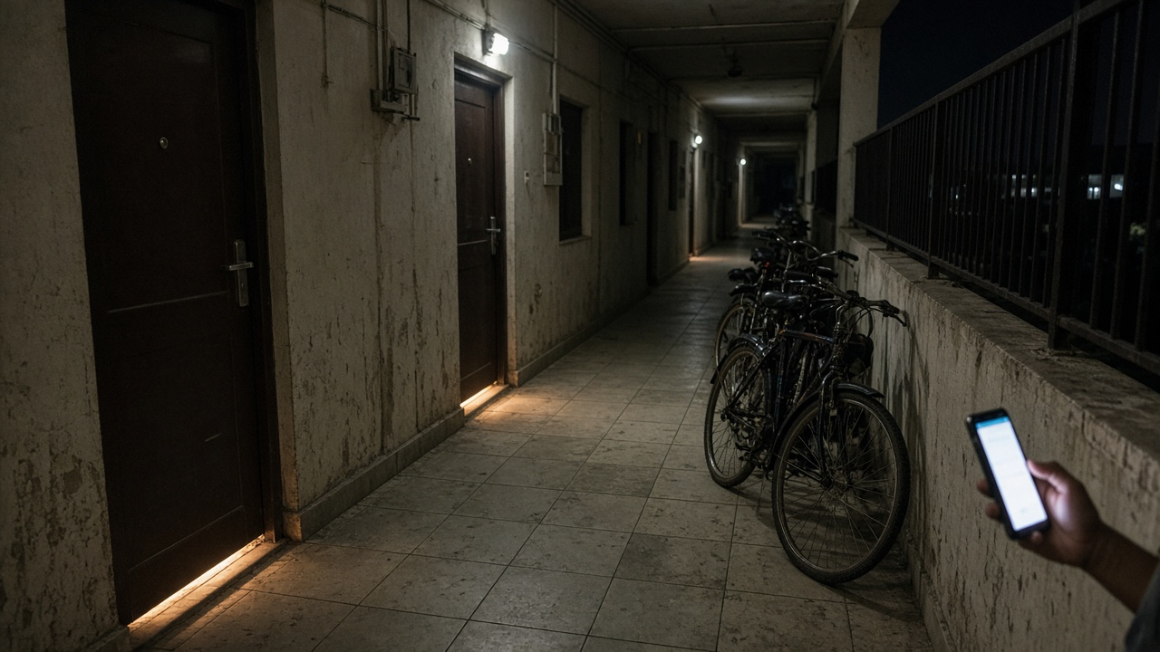 Hyderabad apartment tower corridor at night with warm flat light under doors, smartphone glow in a resident hand, scuffed tiles and parked bicycles, no logos or readable text