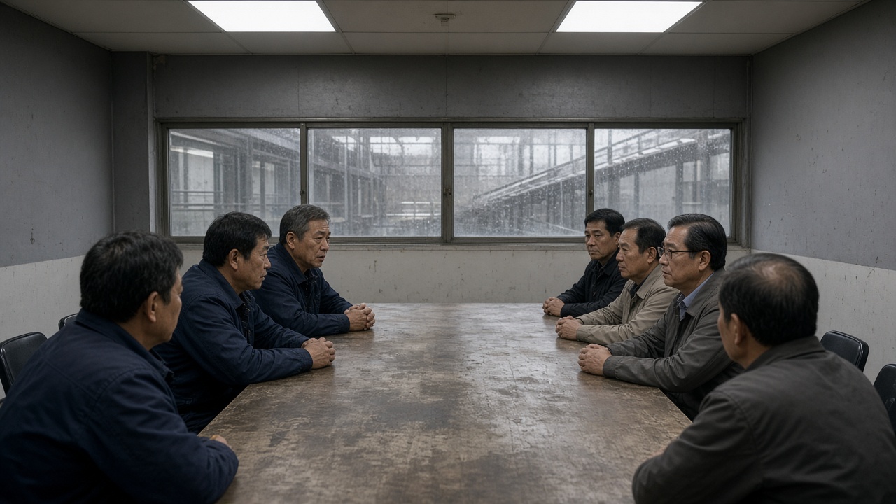 Labor and management negotiators facing each other across a scuffed conference table inside a gray plant annex near an automotive assembly hall in Ulsan, fluorescent ceiling panels and rain on exterior windows, workers in plain work jackets seen from behind, no logos or readable text.