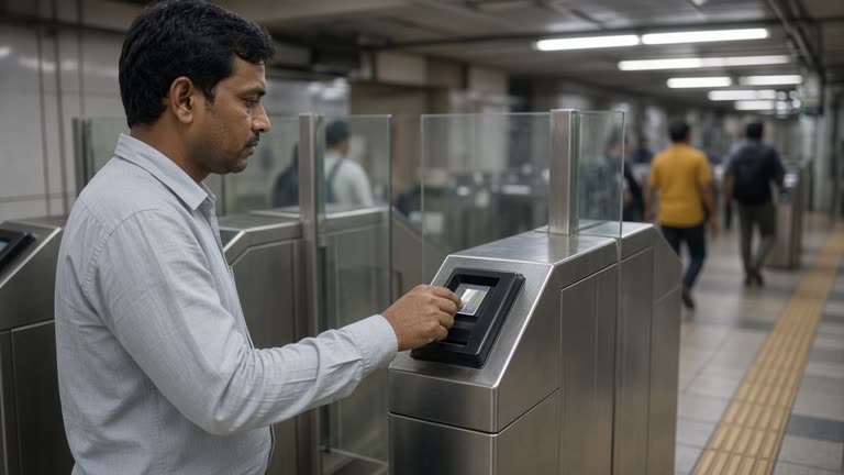 A passenger tapping a contactless credit card at a Delhi Metro turnstile in fluorescent station light, steel gates and tiled platform edge, blurred commuters in background, no logos or readable text