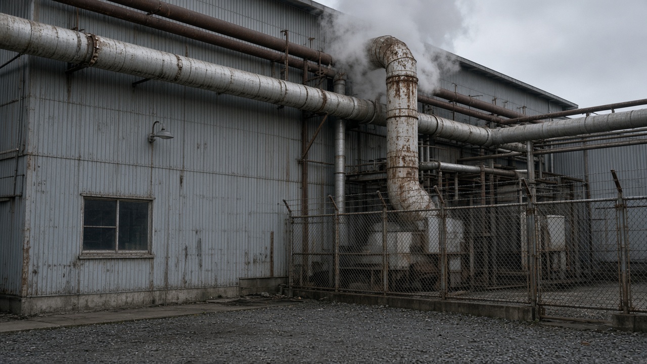 Industrial boiler house exterior with steel ducting and steam vents on a grey Hokkaido afternoon, gravel yard and safety fencing, weathered paint and no logos or readable text
