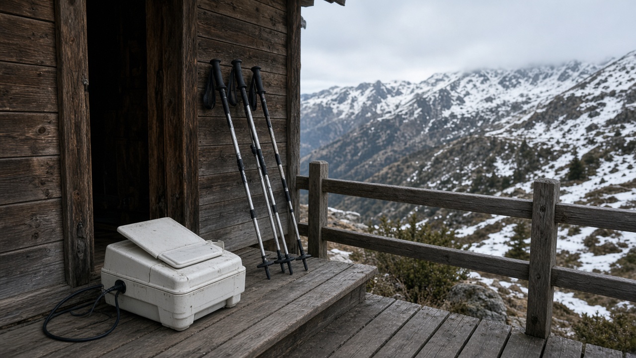 Portable satellite internet terminal on a wooden mountain hut porch with snow patches on nearby ridges, cold morning light, hiking poles leaning on wall, no logos or readable text.