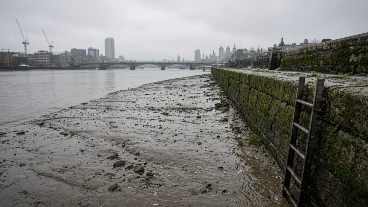 Thames tidal riverbank at low tide with mossy stone embankment and metal ladder, overcast London skyline hazy in distance, muddy foreshore, no logos or readable text