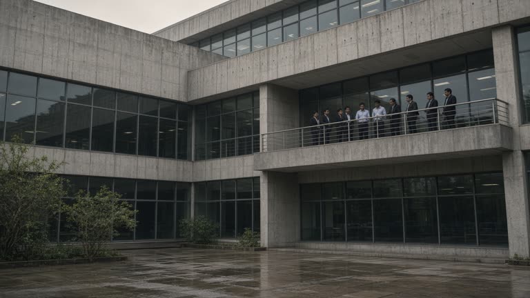 NSE building exterior in Mumbai Bandra-Kurla Complex with traders on a balcony break, hazy monsoon afternoon light, concrete and glass facade without readable tickers or logos