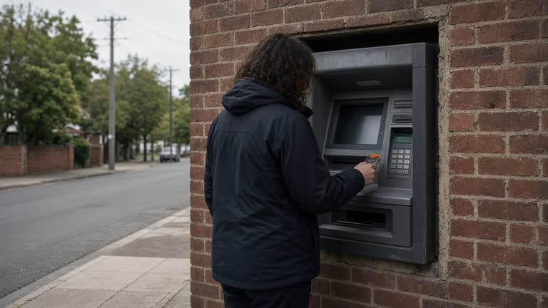 Person at an outdoor ATM beside a brick wall, orange-accented bank card in hand with details facing away from camera, afternoon shade, suburban Australian street, no logos or readable text