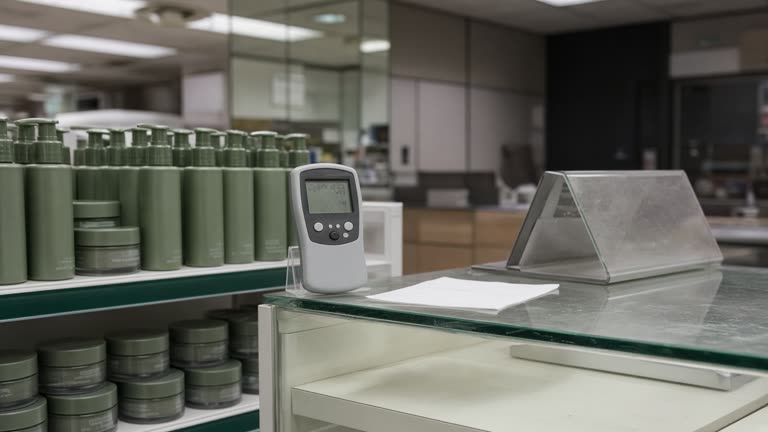 Department store skincare counter with rows of green-toned moisturizer bottles and a handheld humidity meter near a tester display, soft mall lighting and smudged glass, no logos or readable text