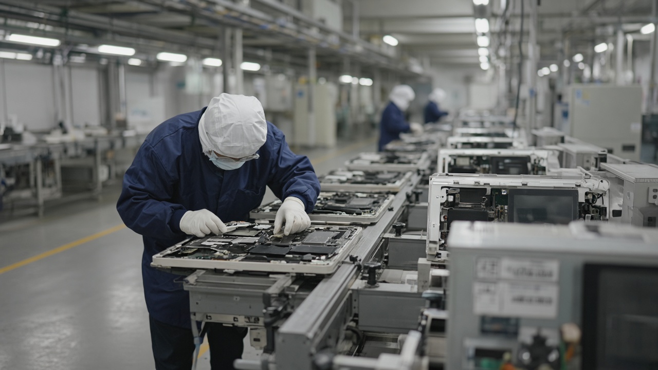 Technicians assembling desktop monitors on a factory line with driver boards and backlight units under bright industrial lighting in a Hsinchu corridor facility, equipment labels blurred, no logos or readable text