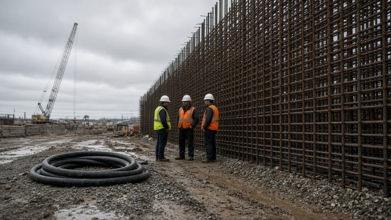 Construction workers in reflective vests standing beside a tall rebar wall at a muddy Ohio semiconductor site, a concrete pump hose coiled on gravel, gray overcast sky, distant crane boom, no logos or readable text