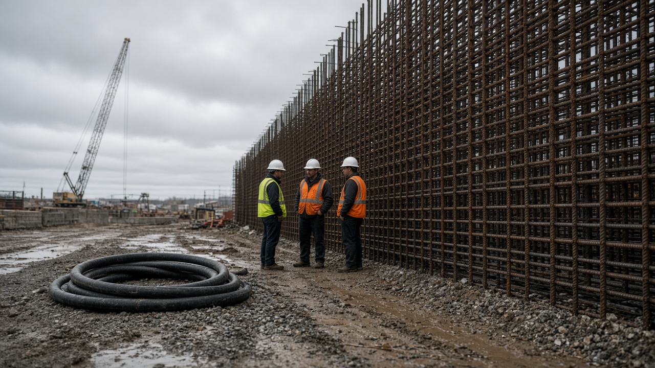 Construction workers in reflective vests standing beside a tall rebar wall at a muddy Ohio semiconductor site, a concrete pump hose coiled on gravel, gray overcast sky, distant crane boom, no logos or readable text