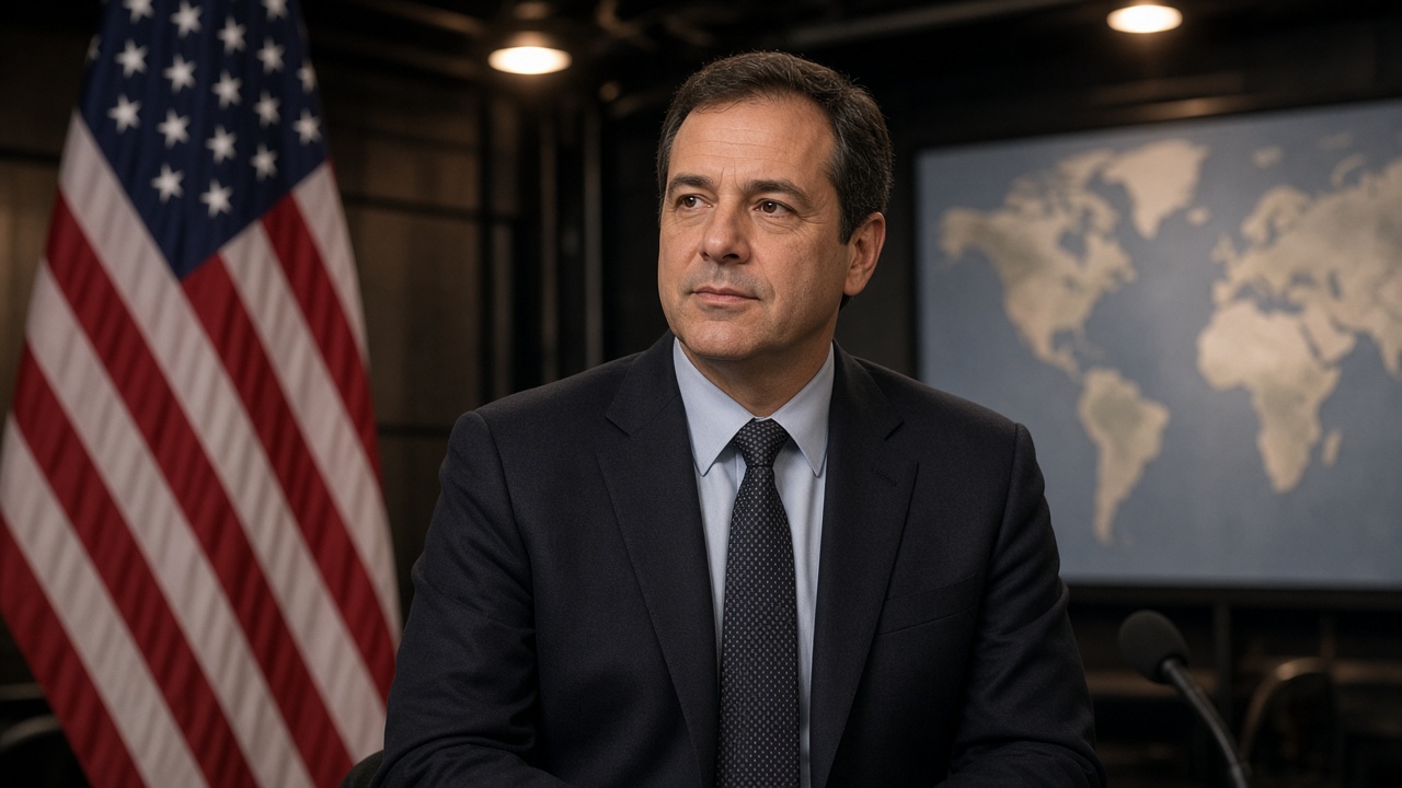 Television studio interview setup with a middle-aged man in a dark suit seated beside a flag, warm overhead lights, blurred map graphic on a rear screen, no readable logos or text