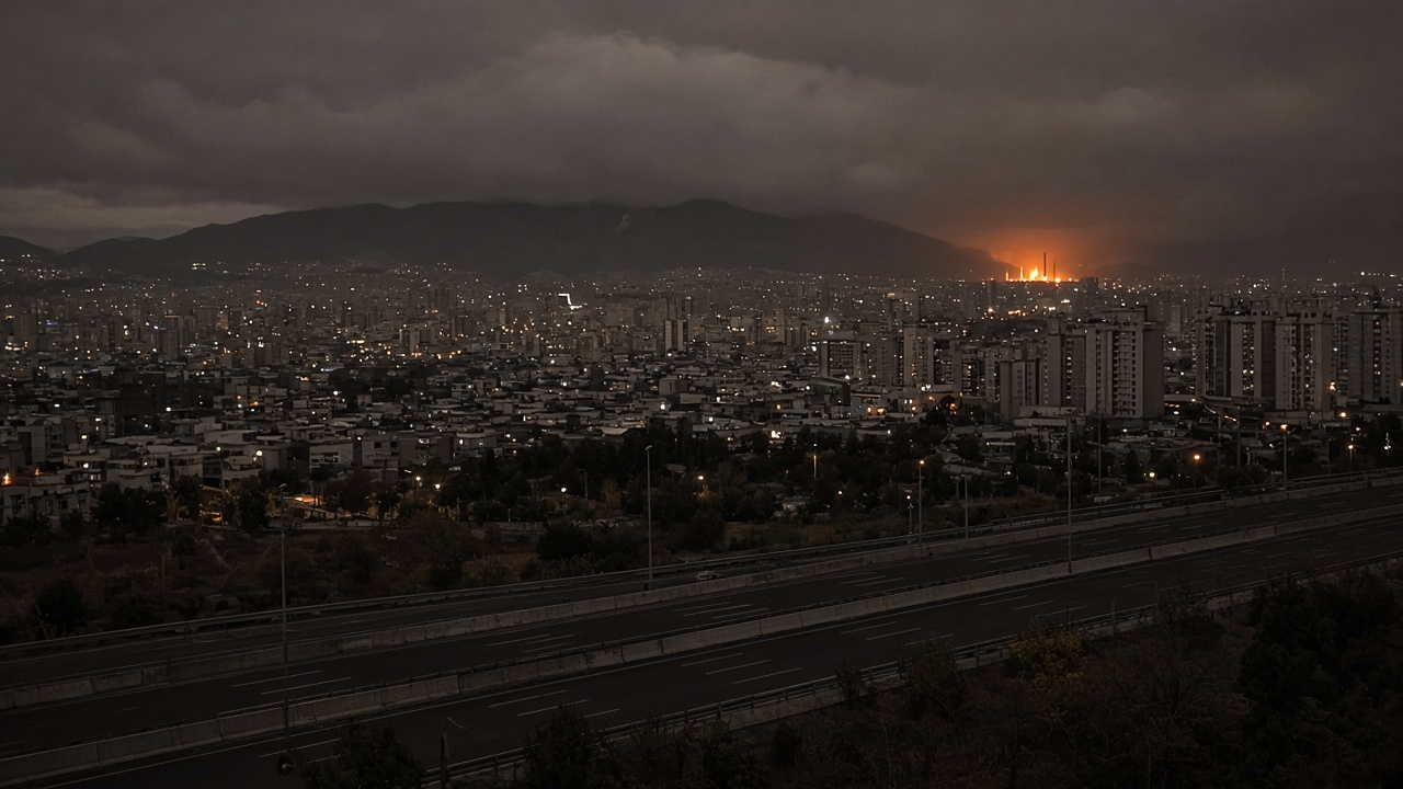 Night skyline of Tehran with low clouds, distant orange glow near industrial stacks, empty highway in foreground, no flags or readable billboards, documentary telephoto compression