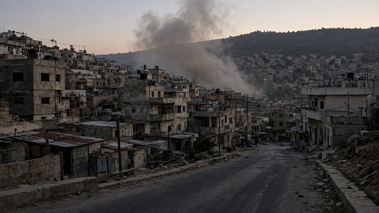 Dust and gray smoke rising above low concrete buildings and narrow streets in a southern Lebanese hill town at dusk, empty road, no flags or readable signage, wire-photo grain