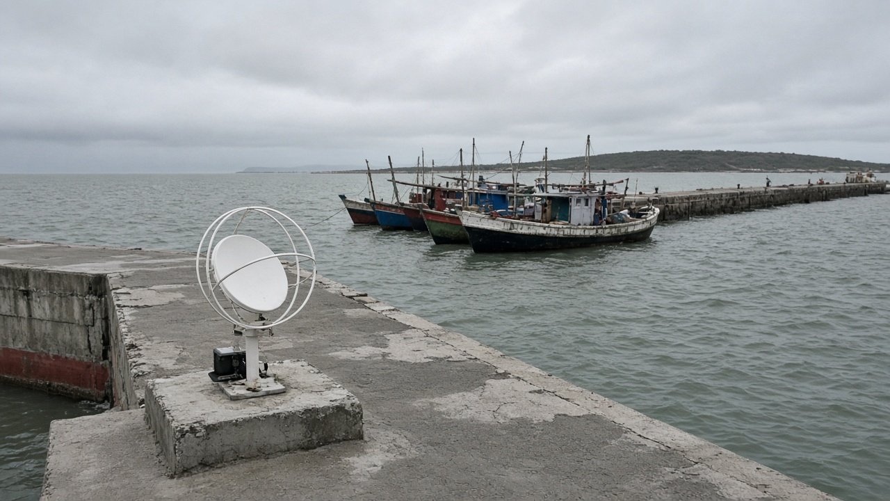 Small NavIC ground antenna on a concrete pad beside a Lakshadweep island jetty with fishing boats moored, overcast sea light and worn paint on hulls, no logos or readable text