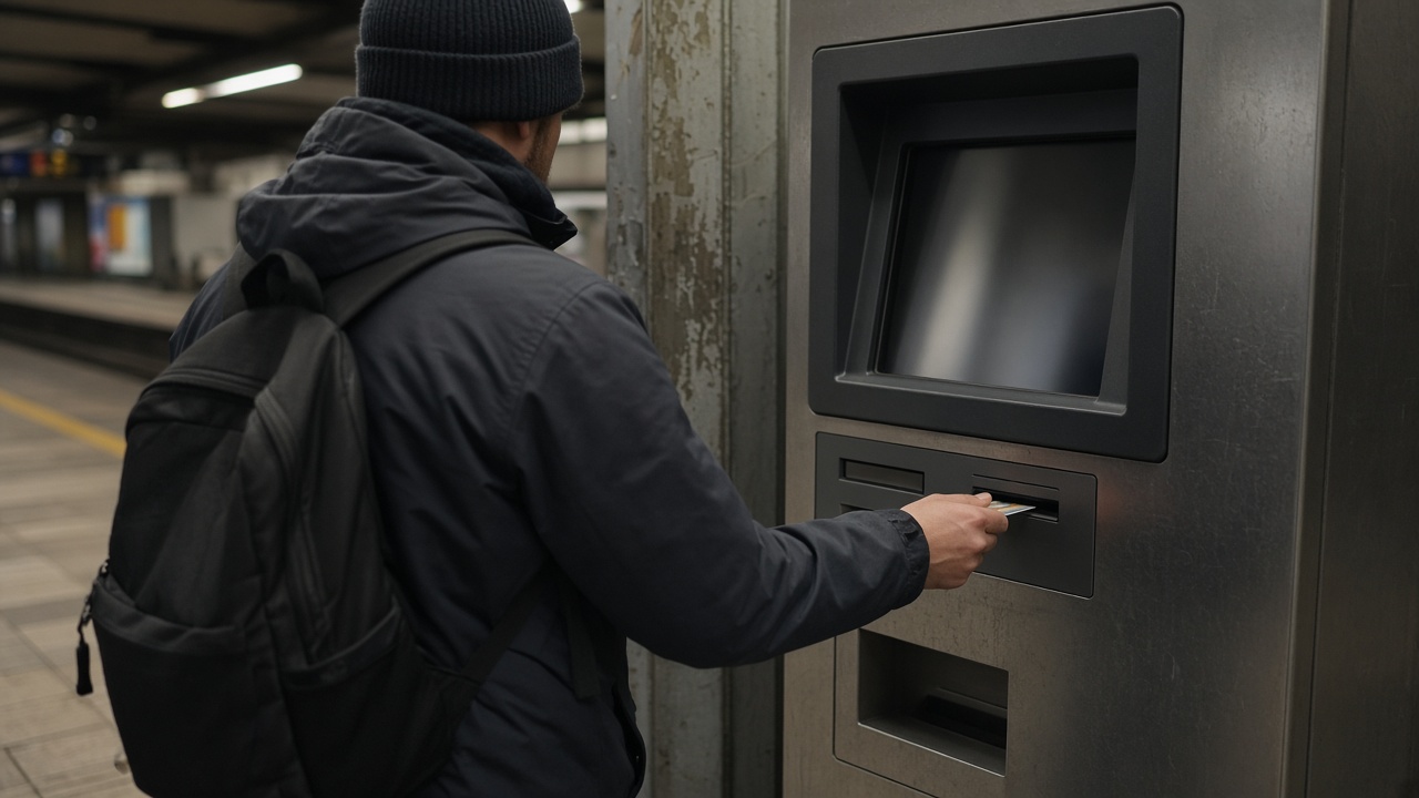 A traveler inserting a chip card into a European ticket kiosk in a dim train station, metal facade and platform tiles, card and screen angles hide branding, no logos or readable text