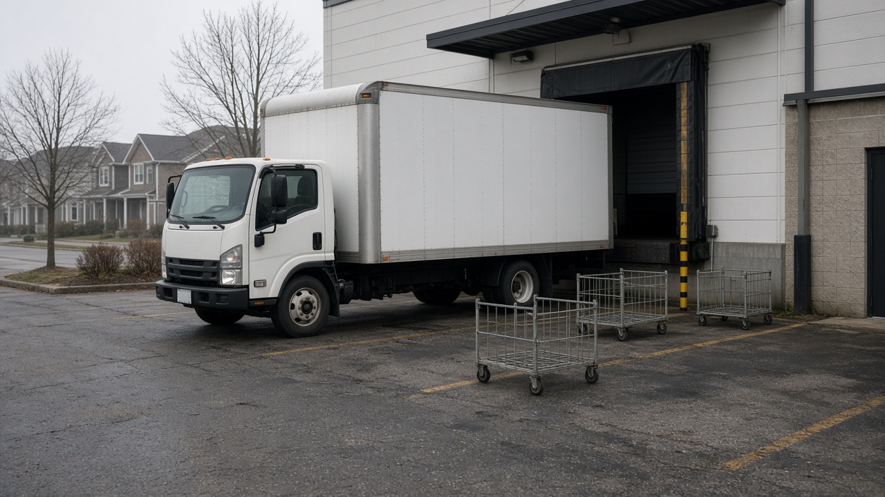 Light-duty box truck at a suburban loading dock with roll cages on the pavement, overcast morning light and worn asphalt, vehicle badges blurred, no logos or readable text