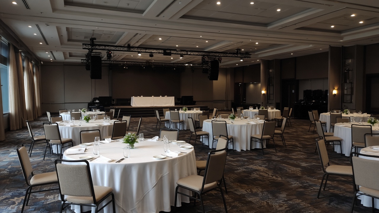 A hotel banquet hall in Bengaluru prepared for a corporate conference, round tables with white linen and water glasses, AV rigging and soft ceiling spots, empty chairs awaiting delegates, no logos or readable text