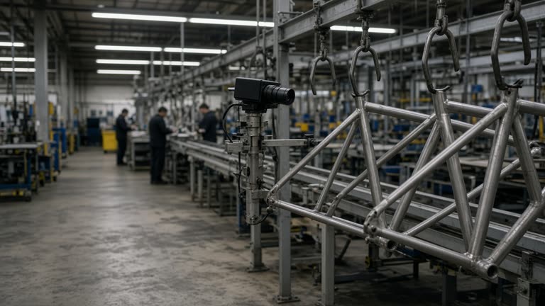 Factory assembly line with aluminum bicycle frames on hooks and a small industrial camera mounted on a metal bracket, concrete floor and overhead fluorescent strips, workers in background out of focus, no logos or readable text.