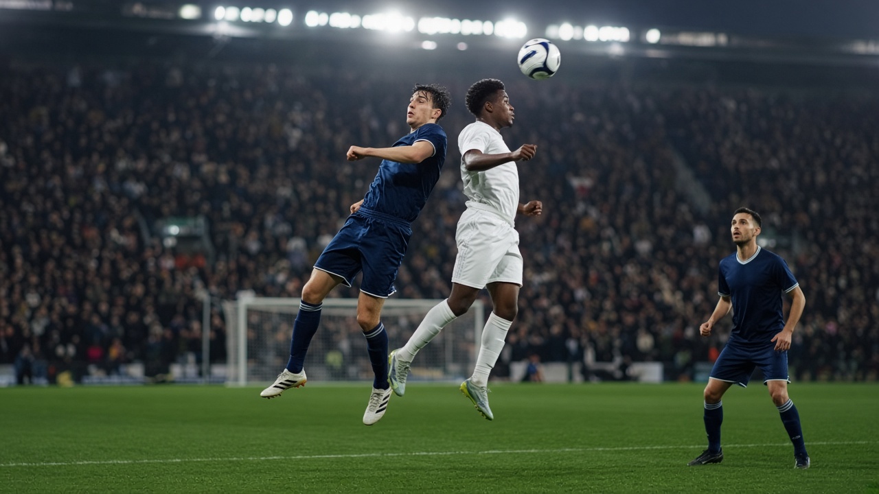 J League match under floodlights with players contesting a header near the penalty area, crowd blur behind.