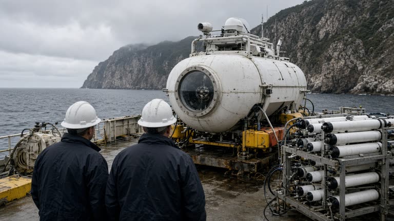 Ocean research submersible on a ship deck with methane sampling bottles beside Oshika Peninsula cliffs under overcast light, crew in hard hats from behind, no logos or readable text.