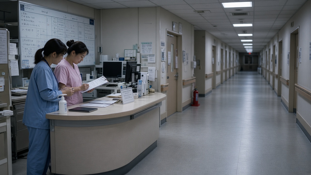 Night-shift nurses in scrubs reviewing charts at a brightly lit Japanese hospital station, empty corridor beyond.