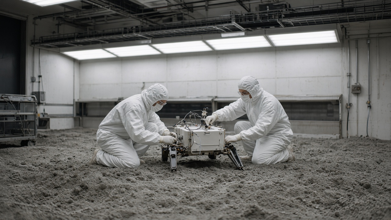 JAXA engineers adjusting a small hopping rover prototype over gray lunar regolith simulant in a clean test chamber, flat fluorescent panels, cable trays, no logos or readable text