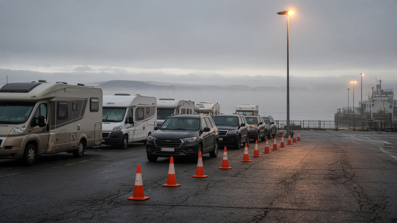 Ferry terminal vehicle marshaling yard at dusk with a line of motorhomes and SUVs, orange traffic cones, sodium street lamps, sea fog on horizon, no logos or readable text