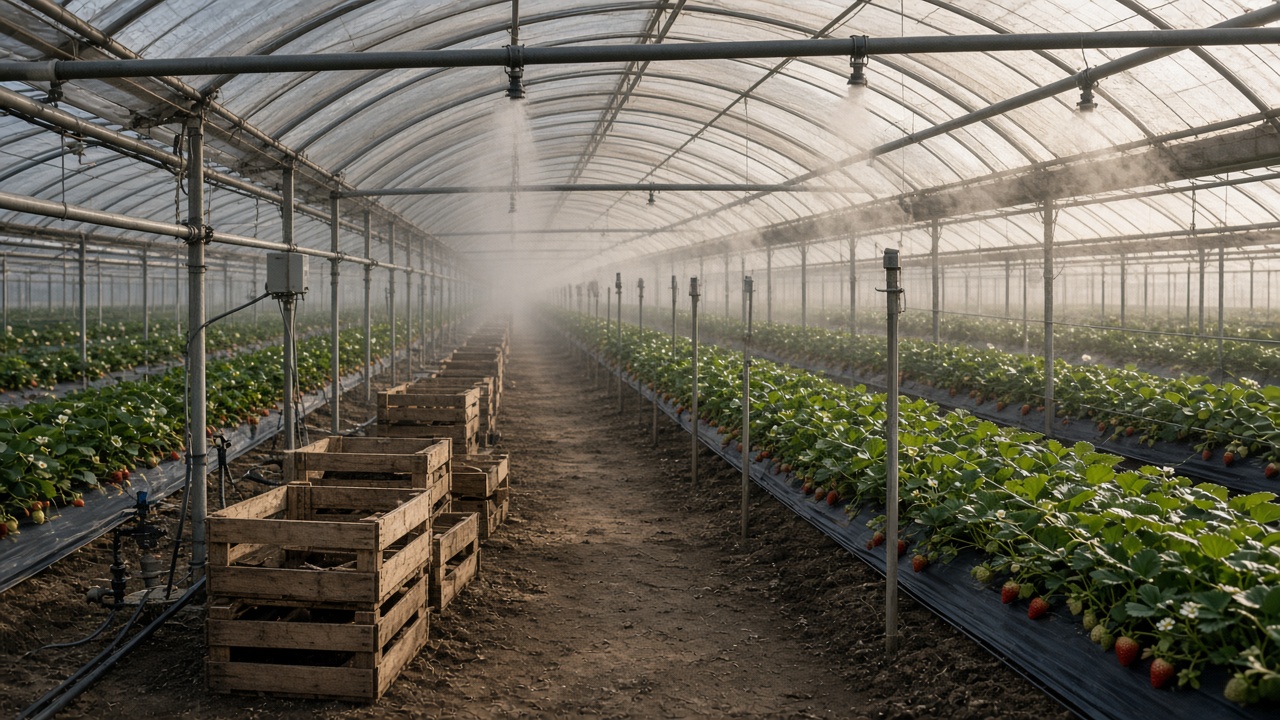 Plastic-roof strawberry greenhouse in rural Jeonbuk with mist nozzles and wired sensor nodes on steel frames, late afternoon sun, irrigation lines and wooden crates, no logos or readable text