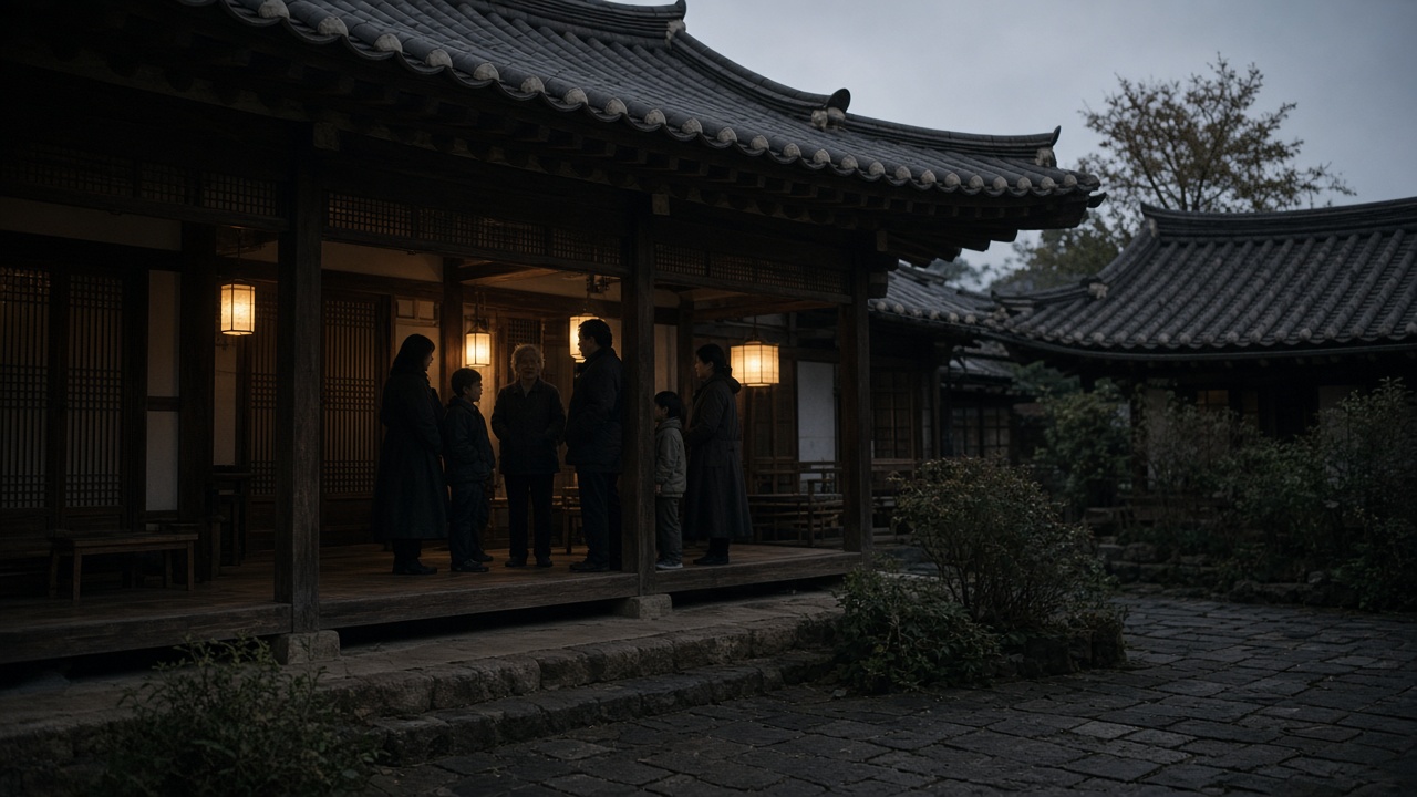 Traditional Jeonju hanok courtyard at dusk with paper lanterns dimmed, multigeneration family silhouettes on wooden veranda speaking softly, tiled roofs, no logos or readable text