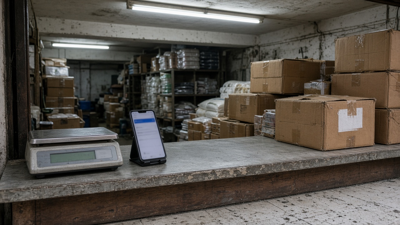 A small Indian wholesale shop counter with a smartphone on a stand showing a blurred payment screen, cardboard cartons and a weighing scale nearby, fluorescent tube lighting and scuffed tile floor, no logos or readable text
