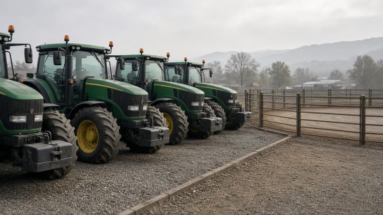 Row of green large tractors parked on a gravel dealer lot beside a fenced harvest equipment auction ring under hazy afternoon light, no logos or readable text