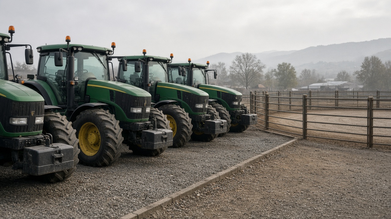 Row of green large tractors parked on a gravel dealer lot beside a fenced harvest equipment auction ring under hazy afternoon light, no logos or readable text