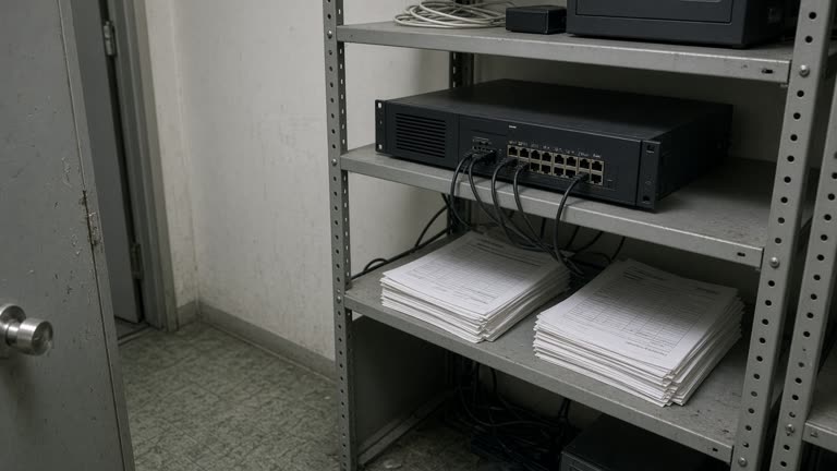 Hospital IT closet in Osaka with a rack server and printed IIS log sheets on a metal shelf under fluorescent light, scuffed vinyl floor, no logos or readable text
