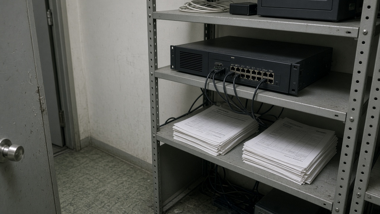 Hospital IT closet in Osaka with a rack server and printed IIS log sheets on a metal shelf under fluorescent light, scuffed vinyl floor, no logos or readable text