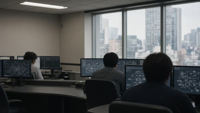 Security operations center with analysts at curved monitors showing network diagrams, fluorescent office light, Tokyo high-rise window blur, no logos or readable text.