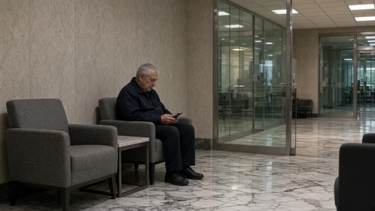 Customer using a smartphone near a Chase-style bank lobby seating area with marble floor and glass partitions, fluorescent and daylight mix, no logos or readable phone screen