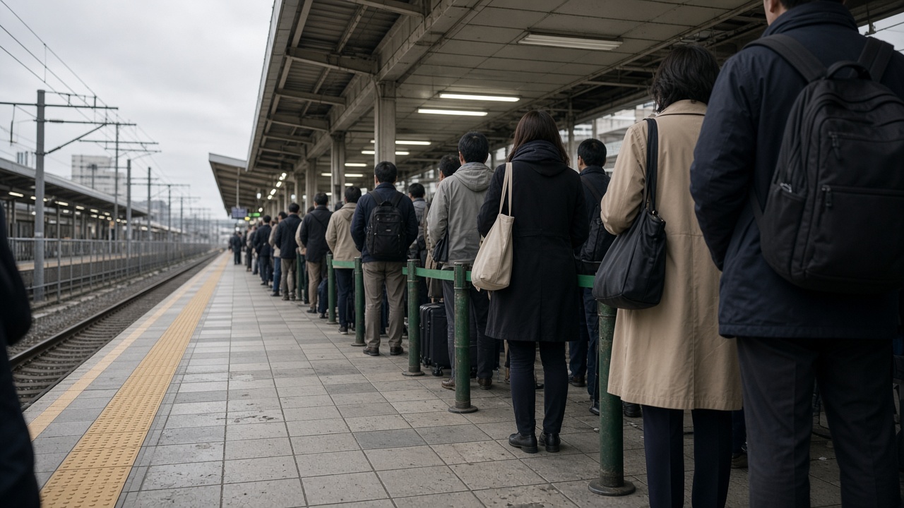 Shin-Osaka station Shinkansen platform on an overcast afternoon with passengers queuing beside green reserved-seat markers, worn floor tiles and fluorescent canopy light, no logos or readable text