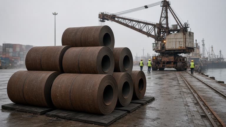 Weathered steel coils stacked on rubber mats beside a Visakhapatnam harbour quay at dawn, a mobile harbour crane and rust-streaked gantry rails in soft haze, dockworkers in high-visibility vests without legible badges, no logos or readable text