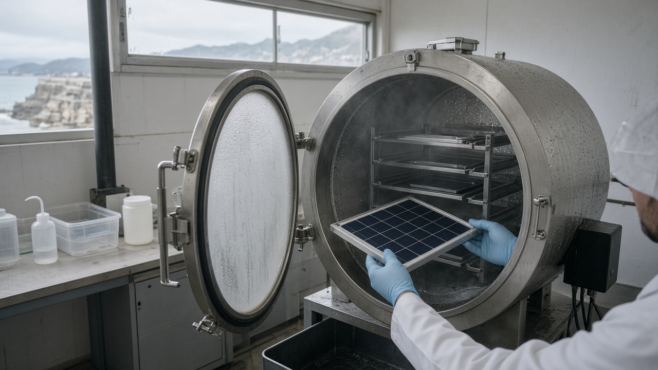 Coastal materials lab with a salt-spray test chamber door ajar, gloved technician placing a small solar panel on a rack, grey daylight through a high window, condensation on stainless steel, no logos or readable text