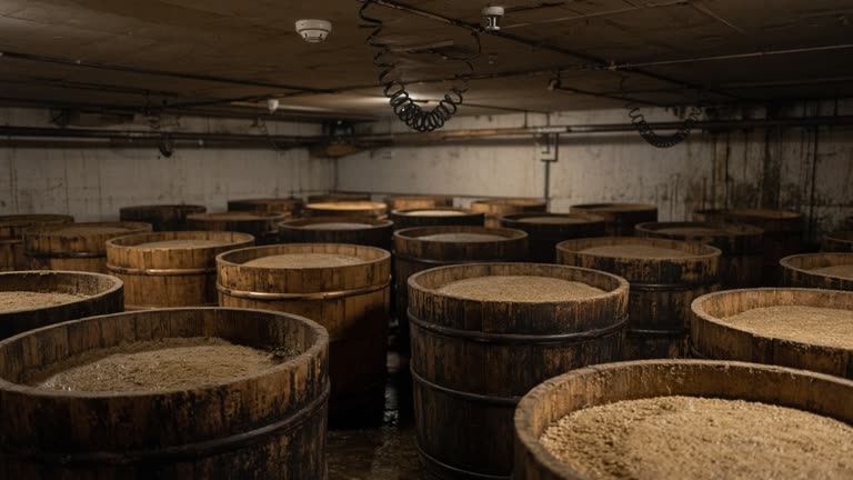 Rows of wooden miso aging barrels in a humid warehouse with ceiling-mounted sensors and coiled cables, dim amber light, no logos or readable text