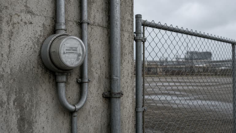 Industrial electric meter and conduit on a factory wall beside a chain-link gate, grey overcast sky and damp concrete, analog dial without readable numbers or logos