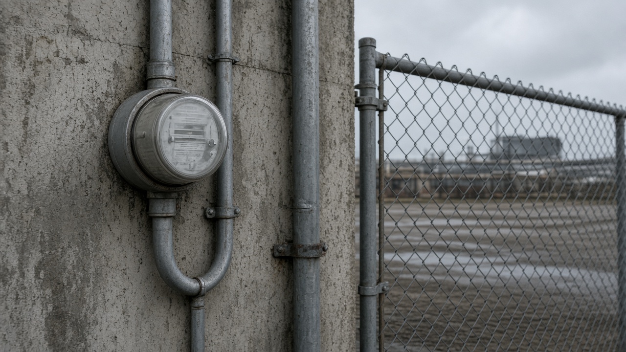 Industrial electric meter and conduit on a factory wall beside a chain-link gate, grey overcast sky and damp concrete, analog dial without readable numbers or logos