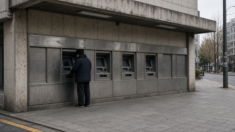 Row of outdoor bank ATMs under a concrete awning on a Seoul sidewalk, one person at the keypad, pale overcast sky, worn tile and scuffed metal fascia with blank panels, no logos or readable text