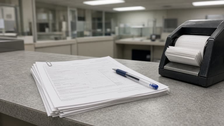 Printed jeonse lease papers and a mortgage rate lock form clipped on a KB Kookmin branch desk with a ballpoint pen and queue ticket dispenser under fluorescent ceiling panels, no logos or readable text.