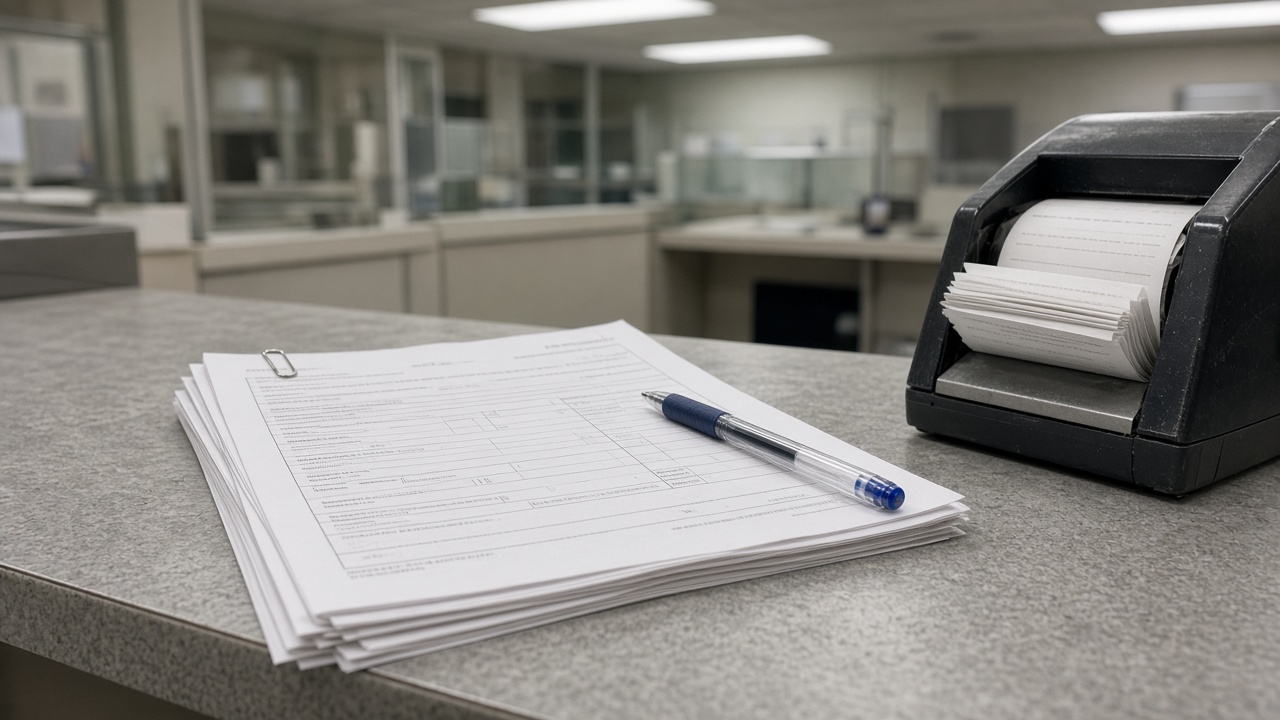 Printed jeonse lease papers and a mortgage rate lock form clipped on a KB Kookmin branch desk with a ballpoint pen and queue ticket dispenser under fluorescent ceiling panels, no logos or readable text.