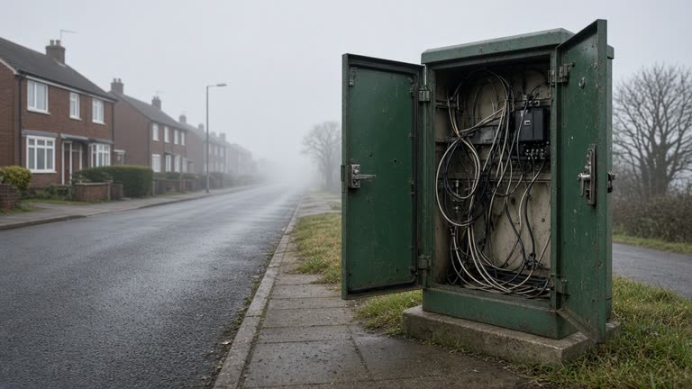 Open street-side fibre cabinet on a quiet East Yorkshire residential road, sea mist in distance, green cabinet doors ajar showing cable loops, dull afternoon light, no logos or readable text