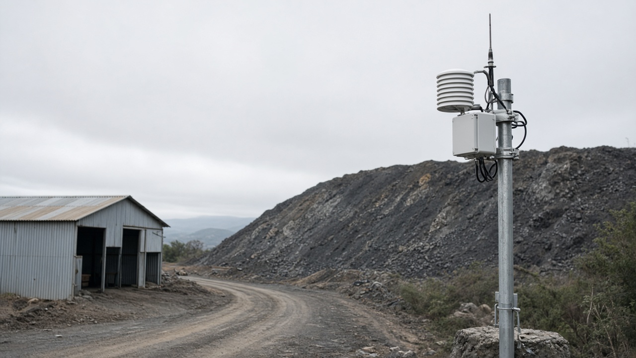 Above-ground methane monitoring equipment on a metal pole beside a coal overburden heap under hazy daylight, corrugated shed and dirt road, no logos or readable text