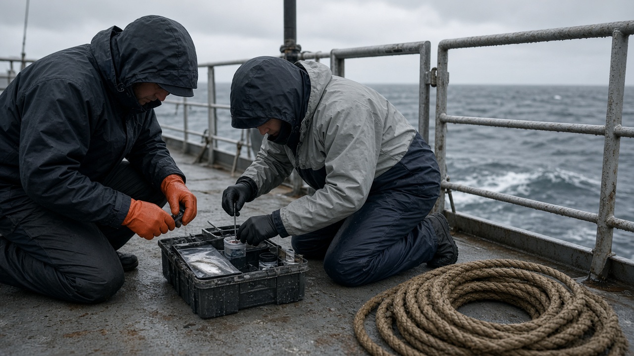 Ocean research vessel deck with scientists handling a small fish tagging kit, grey sea horizon and overcast light, coiled rope and wet non-slip flooring, no logos or readable text