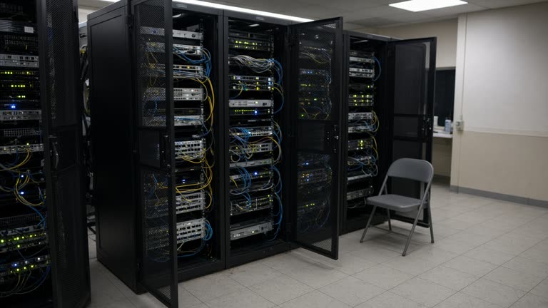 Municipal government server room with open rack doors, blinking switch lights and coiled patch cables on a tiled floor, cool fluorescent lighting and a folding chair, no logos or readable text
