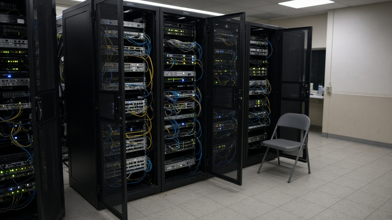 Municipal government server room with open rack doors, blinking switch lights and coiled patch cables on a tiled floor, cool fluorescent lighting and a folding chair, no logos or readable text